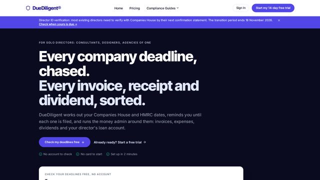 Screenshot of the DueDiligent homepage, a compliance deadline tracker for UK company directors