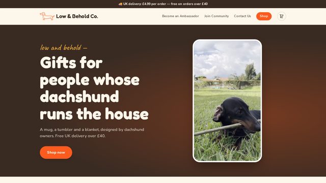 Screenshot of the Low and Behold Co. homepage, a dachshund-themed online gift store